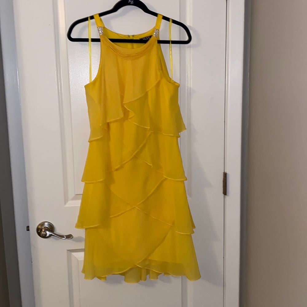 SLNY Tiered Chiffon Dress Yellow Sleeveless Size 10